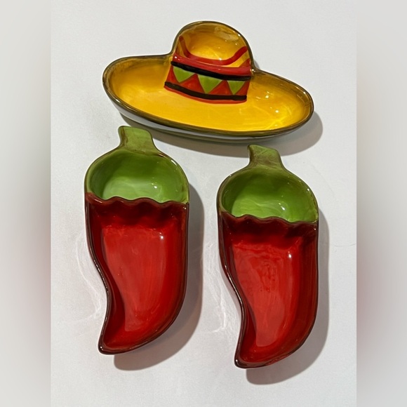Pacific Island Creations Ceramic 2-Chili Pepper 1-Sombrero Hat Serving Dishes - Picture 1 of 16